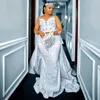 Nigeria Plus Size Aso Ebi Meerjungfrau-Hochzeitskleid Brautkleider für die Braut mit abnehmbarer Schleppe, transparentem Ausschnitt, langen Ärmeln, Perlenspitze, Marraige-Kleid für schwarze Mädchen NW099