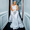 Nigeria Plus Size Aso Ebi Abito da sposa a sirena Abiti da sposa per la sposa con strascico staccabile Collo trasparente Maniche lunghe Abito da sposa in pizzo con perline per ragazze nere NW099