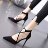 Women Dress Shoess High Heels Sexy Apricot Single Shoes Spring/summer Fresh French Black Suede Fine Heel Sandals with Pointed Ties