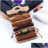 Bracelets de charme 6pcs / set bracelets de tresse mode punk mtilayer wrap perles bracelet de manchette vintage hommes bracelets en cuir véritable pour wom dhjmi