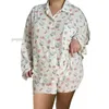 Women's Sleepwear Y2k 2 Piece Pama Set For Women Cute Floral Fruit Print Long Sleeve Button Shirt Side Split Shorts Outfits Gaoqiqiang456