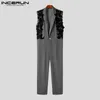 Herrbyxor incerun män jumpsuits spets lapptäcke lapel ärmlös en knapp mode män overall streetwear 2023 lösa casual rompers s-5xll2402