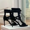 Ön Dantel Up Stiletto Sandalet Orijinal Deri Gladyatör Geri Zip Kapatma Peep Toe Kadın Partisi Gece Elbise Ayakkabı Lüks Tasarımcılar Yüksek Topuklu Ayaklar Fabrika Ayakkabı