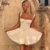 Vestidos casuais básicos giyu sexy branco robe clube noite vestido de festa mulheres 2023 verão elegante laço crochê ruched plissado sem costas mini vestidos curtos j240222