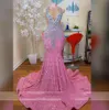 Glitter Pink Sequined Mermaid Prom Dress 2024 For Black Girls Sheer Crew Neck Sparkly Crystal Rhinestones Beading Formal Birthday Party Evening Gown Vestidos 0222