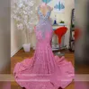 Sequined Mermaid Prom Glitter Pink Dress 2024 For Black Girls Sheer Crew Neck Sparkly Crystal Rhinestones Beading Formal Birthday Party Evening Gown Vestidos mal