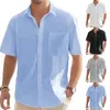 Camisas casuais masculinas homem manga curta linho e blusas lapela botão cor sólida vintage verão férias camisa para roupas masculinas