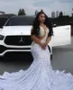 Glitter White Sequins Mermaid Prom Dresses Sexy Sheer Neck Lace Appliques Plus Size Formal Birthday Party Gowns For Black Girl Vestidos De Novia