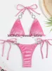 Kobiety stroje kąpielowe seksowne trójkąt bikinis Zestaw kobiet 2024 Solidny różowy krzyżowy Cross Velvet Swimsuit Luxury Rhinestone Kąpiel Metal Y2KH24222