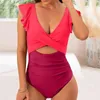 Women's Swimwear 2024 Tummy Control One-piece Swimsuit Bikini Cut Out Monokini Solid Ruffle Backless Beachwear Female Bathing Suits