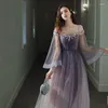 Party Dresses Gradient Purple Off Axel Evening Dress Women Embroidery Sequin Long Sleeves Prom Gown Exquisite Elegant Host