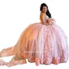 Pink Spaghetti Stems Puffy Ball Gown Quinceanera Dresses With Gold Sequined Appliques ärmlös Sweet 16 Prom Party Gown