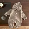 Rompers Winter Korean Style Climbing Suit Born Baby Girls Boys Knitted Bodysuits Solid Color Hooded Infant Jumpsuit