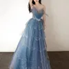 Superbes robes de soirée bleues couches de tulle avec perles longues robes de bal à lacets dans le dos taille haute