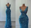 Stunning Blue Sequined Prom Dresses Sexy V Neck Sleeveless Mermaid Evening Gowns Bling Beads Sequins Long Robes