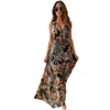 Casual Dresses 2024 Summer Dress Fashion V-Neck elegant tryckt ärmlös rygglöst remsemester lång maxi vestidos