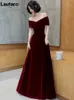 Lautaro Spring Long Luxury Elegant Wine Red Soft Velvet Evening Party Wedding Dresses for Women Off Shoulder Maxi Dress 240219