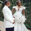 Lussuoso abito da sposa a sirena Aso Ebi Abiti da sposa per la sposa Taglie forti Maniche lunghe Illusion Strass Perline Pizzo Perle Abito da matrimonio per le donne della Nigeria NW095