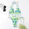 2022 New Style Swimsuit Womens Sexy Slim Fit Color Block Pattern Fashion Tie Three Point Split Bikini 230404