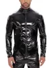 Vestes pour hommes 5-7XL à manches longues Faux brillant en cuir PU Tshirt Wet Look PVC Manteaux pour hommes Serré Sexy Cosplay Coupe-vent Moto T-shirt Tops