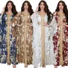 Middle East 2024 New Muslim Chiffon bronzing Robe with Belt Middle East Dress Bat Sleeves Diamonds Applique Loose Abaya Dubai Caftan