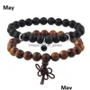 Beaded New Fashion 2Pcs/Set Wooden Beads Bracelet Charm Birthstone 12 Colors Crystal Pendant Stainless Steel Black Matte Stone For Dr Dho6B