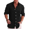 Camisa solta sólida masculina de linho polo gola manga longa moda coreana camisas sociais para homens blusa 240219