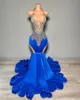 Royal Blue Halter Long Prom -klänningar för svarta flickor med pärlor med kristall födelsedagsfestklänningar sjöjungfru aftonklänning robe de bal