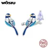 Earrings WOSTU 925 Sterling Silve Birds Earrings Asymmetrical Design Purple Zircon Colorful Enamel Process Ear Studs Fine Jewelry Gift