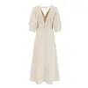 Basic Casual Jurken Elegante beige linnen bladerdeegjurk voor dames 2023 zomer V-hals knooploze jurk voor dames casual losse effen kleding J240222