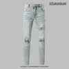 Amlrl Designer Męskie dżinsy fioletowe dżinsy High Street Ripped Patches Mężczyznę Women Amir Haftowane panele Spodnie rozciągają Sprodle Slim Fit