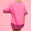 Camiseta feminina primavera verão em torno do pescoço camiseta lantejoulas cor combinando solto ajuste macio tecido respirável casual para senhoras