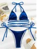 Costumi da bagno da donna Sexy Bikini in velluto 2023 Donna Solid Blu Rosso Criss Cross Costume da bagno brasiliano Costume da bagno Push Up Cravatta Triangolo lateraleH24222