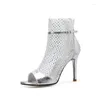 Sandalen Mode Vrouw Diamanten Mesh Ademend Enkel Gesp Dunne Hak Laarzen Sexy Peep Toe Visnet Hoge Hakken Schoenen