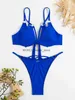 Women's Swimwear Sexy Underwire Bikini Swimsuit Women Solid Blue Cut Out Push Up Ring Circle Brazilian Bandage Bathing Suit Biquini 2024H24222