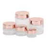 Förpackningsflaskor Partihandel Frosted Glass Cream Jar Clear Clear Cosmetic Bottle Lotion Lip Balm Container med Rose Gold Lock 5G 10G 30G 50G DHWPV