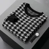 Men's Sweaters Thickened Cashmere Shirt Fashion Color Contrast Plaid Knitted Pullover Pure Wool Crew Neck Top Korean Version