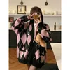 Women's Knits Preppy Style Argyle tricoté Cardigan pour femmes Harajuku doux rose surdimensionné pull rétro col en v à manches longues tricots hauts