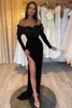 Elegant Black Split Evening Dresses Vintage Long Sleeve Mermaid Off Shoulder Prom Party Gowns With Pleats Ruffles Long Women Occasion Robes