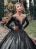 2024 Princess Plus Size Unique Black Gothic Ball Gown Wedding Dresses Bridal Gowns Sheer Neck Satin Long Sleeves Lace Appliqued Beading Dress Marriage