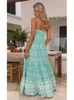 Basic Casual Dresses Foredol spaghetti shoulder strap sun skirt cut womens summer printed Bohemian beach long skirt 2024 Paisley printed A-line vest J240222