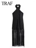 Casual Dresses Traf Dress for Women Fashion Sexy Halter Black Tassel Rygglös ärmlös Kvinna Chic Beach Long Lady Vestidos