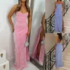 Vestidos casuais básicos 2023 elegante vestido de lantejoulas sem costas sexy com decote em v festa rosa ponto alto conjunto quadril até o chão vestido banquete vestido longo j240222
