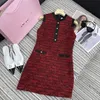 Frete grátis 2024 vermelho tweed vestido feminino designer tripulação neeck sem mangas carta bodycon vestido de festa dh22206