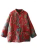 Women's Trench Coats Johnature Women Vintage Print Floral Parkas Stand Long Sleeve Red Patchwork Pockets 2024 Winter Button