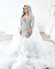 2024 Arabiska aso ebi plus storlek lyxig sjöjungfru bröllopsklänning pärlstav kristaller tyll löstagbara tågnivåer brudklänningar klänningar zj022