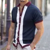 T-shirts pour hommes grand simple boutonnage patchwork couleur contraste tricot polo décontracté