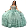 Mintgroen Quinceanera Jurk Uit De Schouder Baljurk 3D Bloemen Applicaties Kant Corset Sweet 15 Vestidos De XV Anos