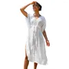 Women's Swimwear SEASELFIE V-neck Tassel Bikini Cover Up For Women White Drawstring Waist Loose Beach Kaftan 2024 Holiday Midi Dress