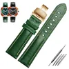 Andra klockor Black Red Green äkta läderarmband Färgade Watch Strap Butterfly Buckle Watch Strap Size 18mm 20mm 21mm22mm J240222